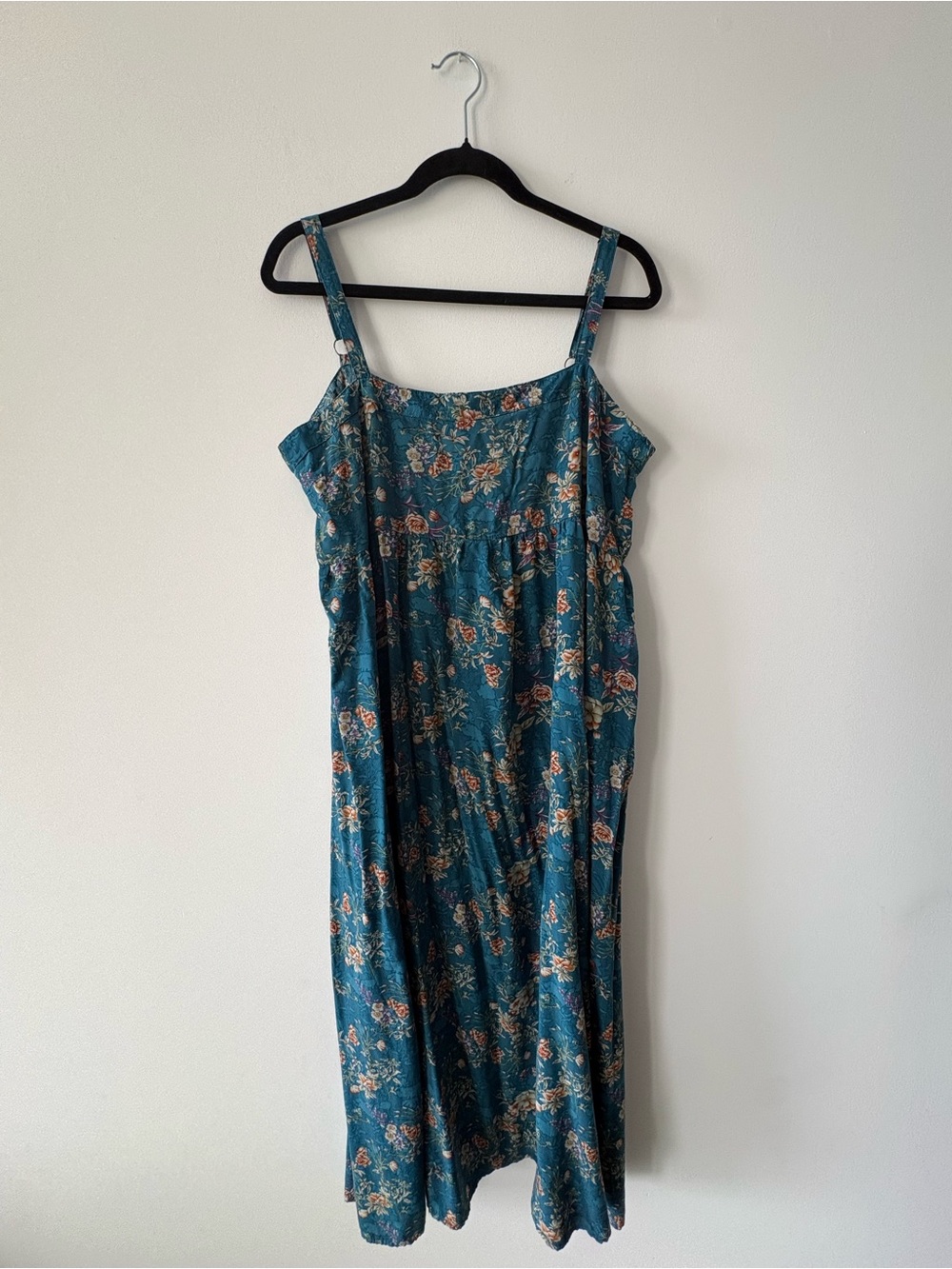 NATURAL LIFE Boho Western Teal Floral Maxi Dress Adjustable Straps Side Slits XL